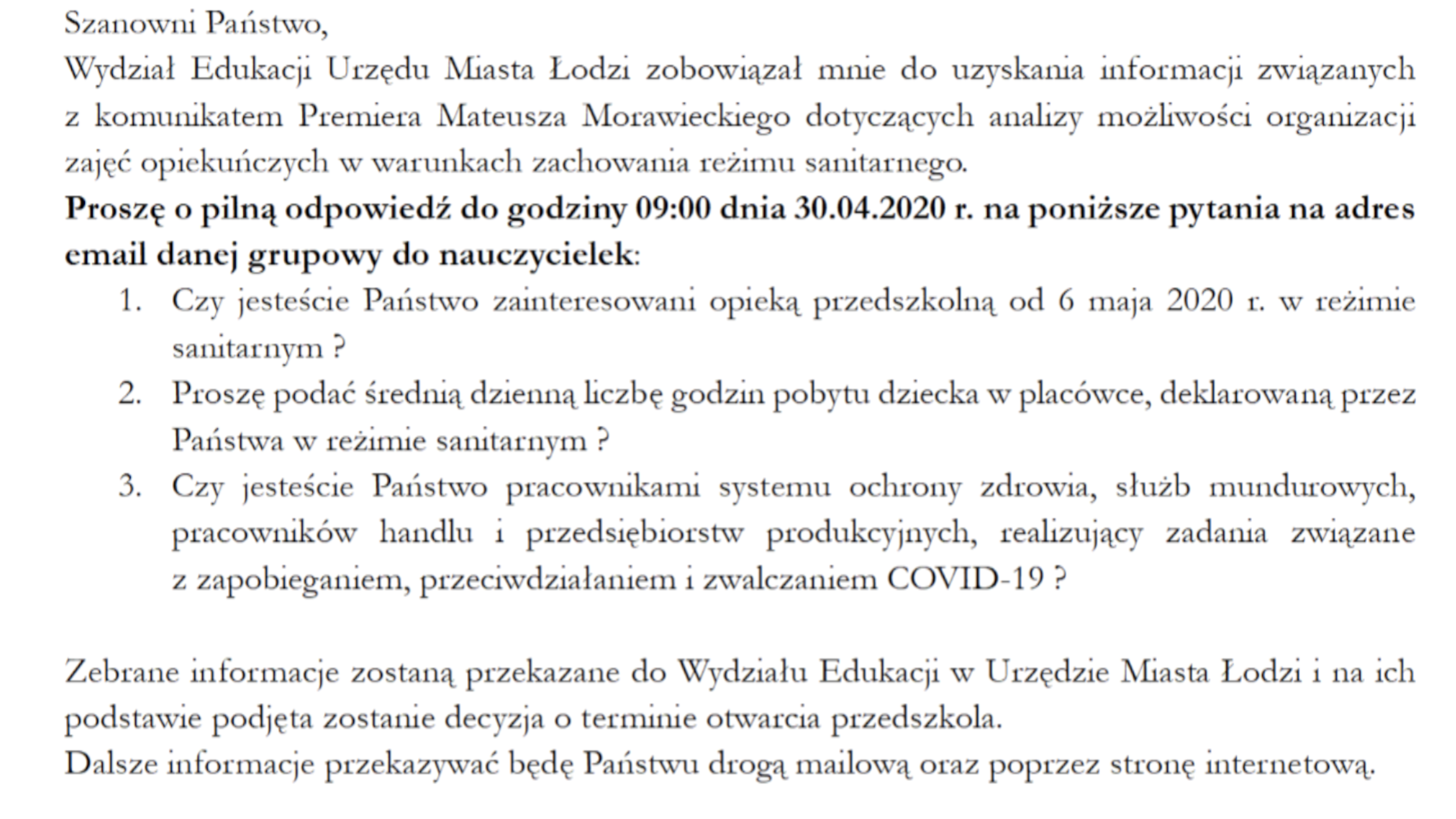 Ankieta wysłana do rodziców dzieci z jednego z łódzkich przedszkoli