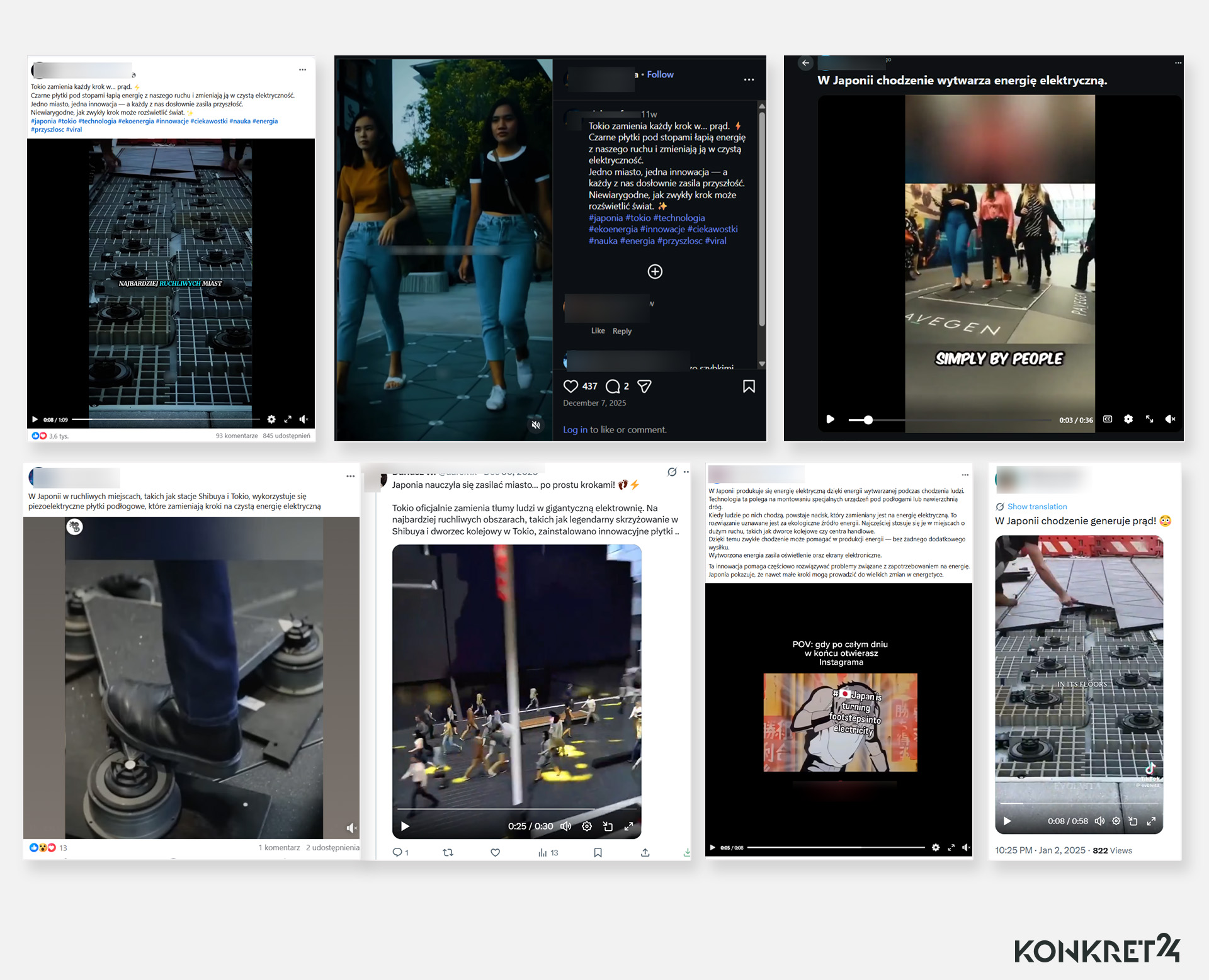 Wpisy z mediów społecznościowych o "czarnych płytkach" i wytwarzaniu elektryczności poprzez chodzenie