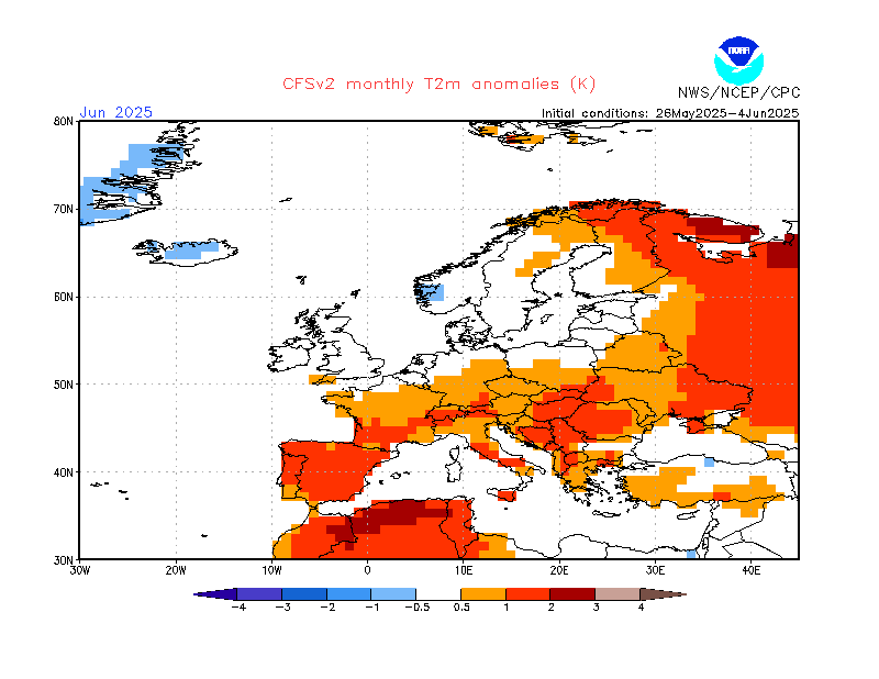 Chłodniejsza prognoza na czerwiec, odchylenie średniej temperatury od normy