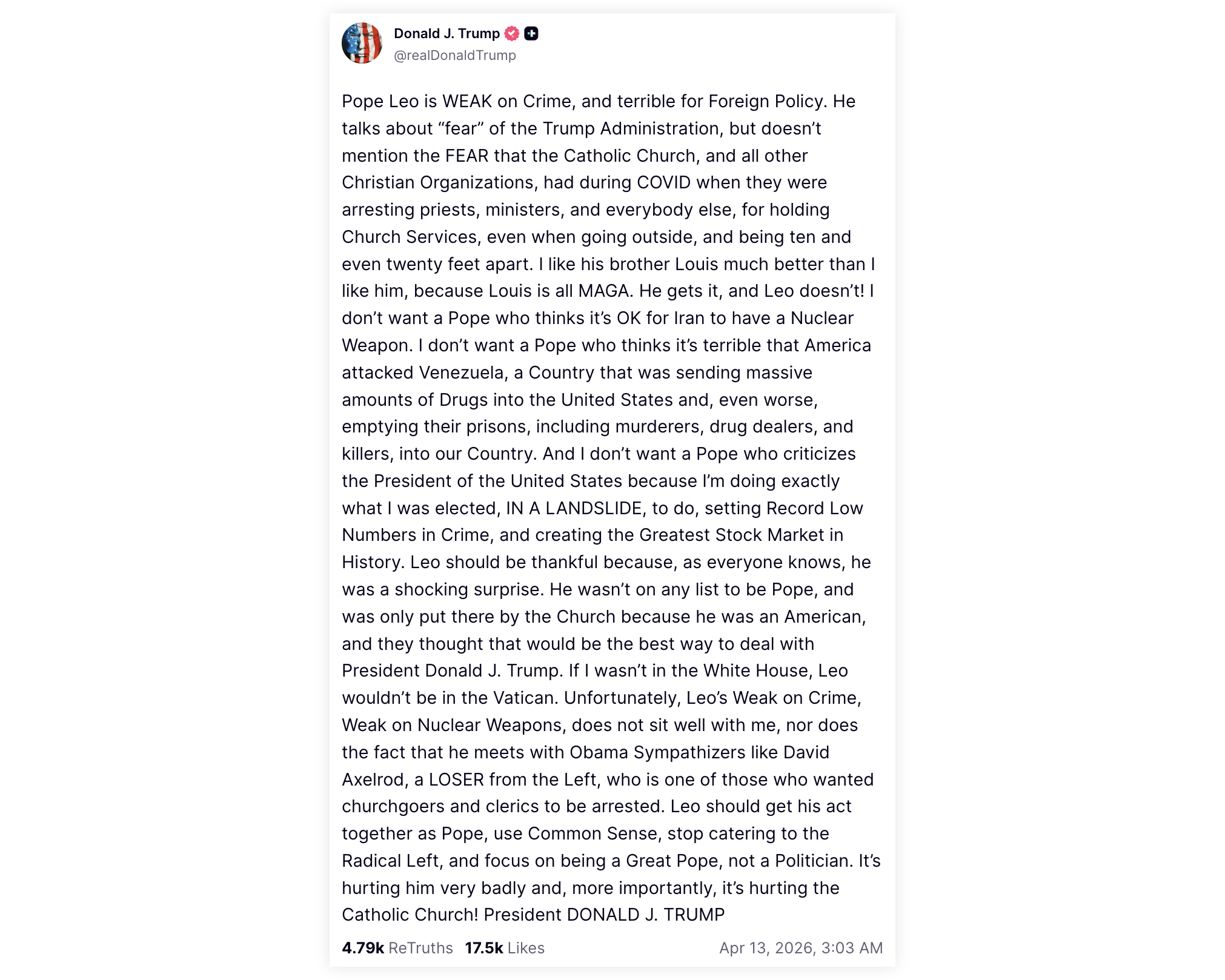 Wpis Donalda Trumpa o papieżu