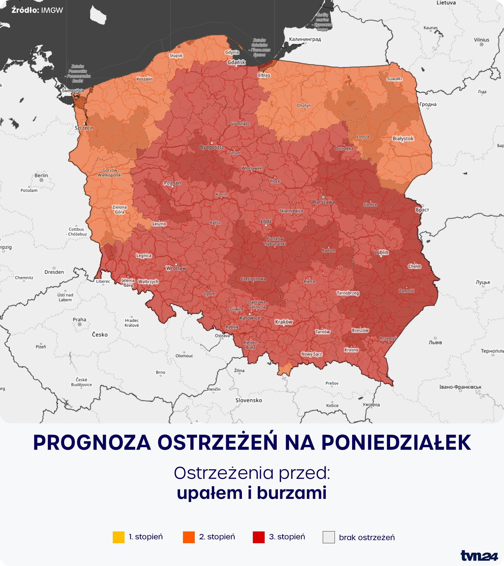 Prognoza zagrożeń IMGW na poniedziałek