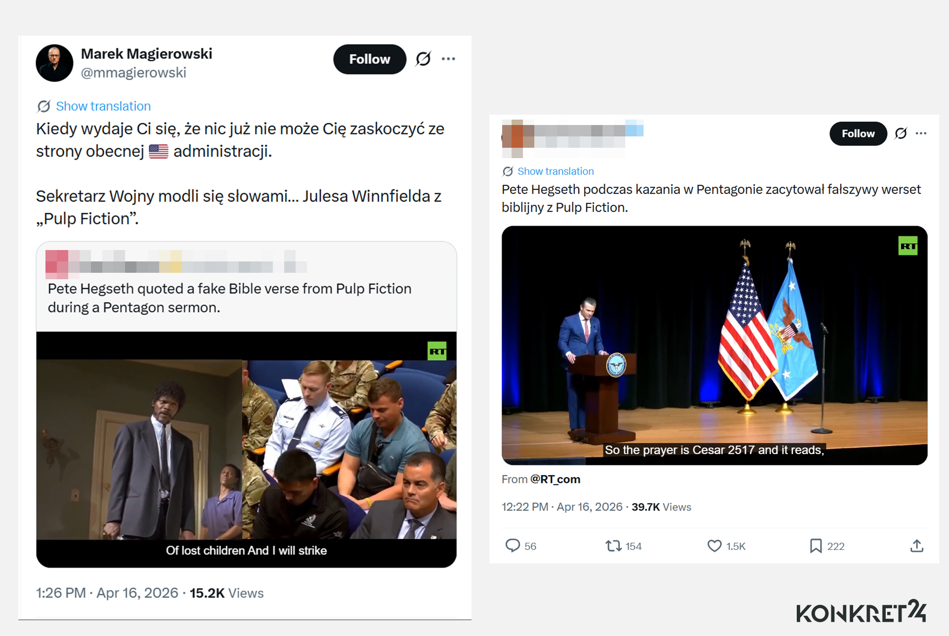 Aktualnie czytasz: Hegseth "zacytował fałszywy werset biblijny z Pulp Fiction"? Nie do końca