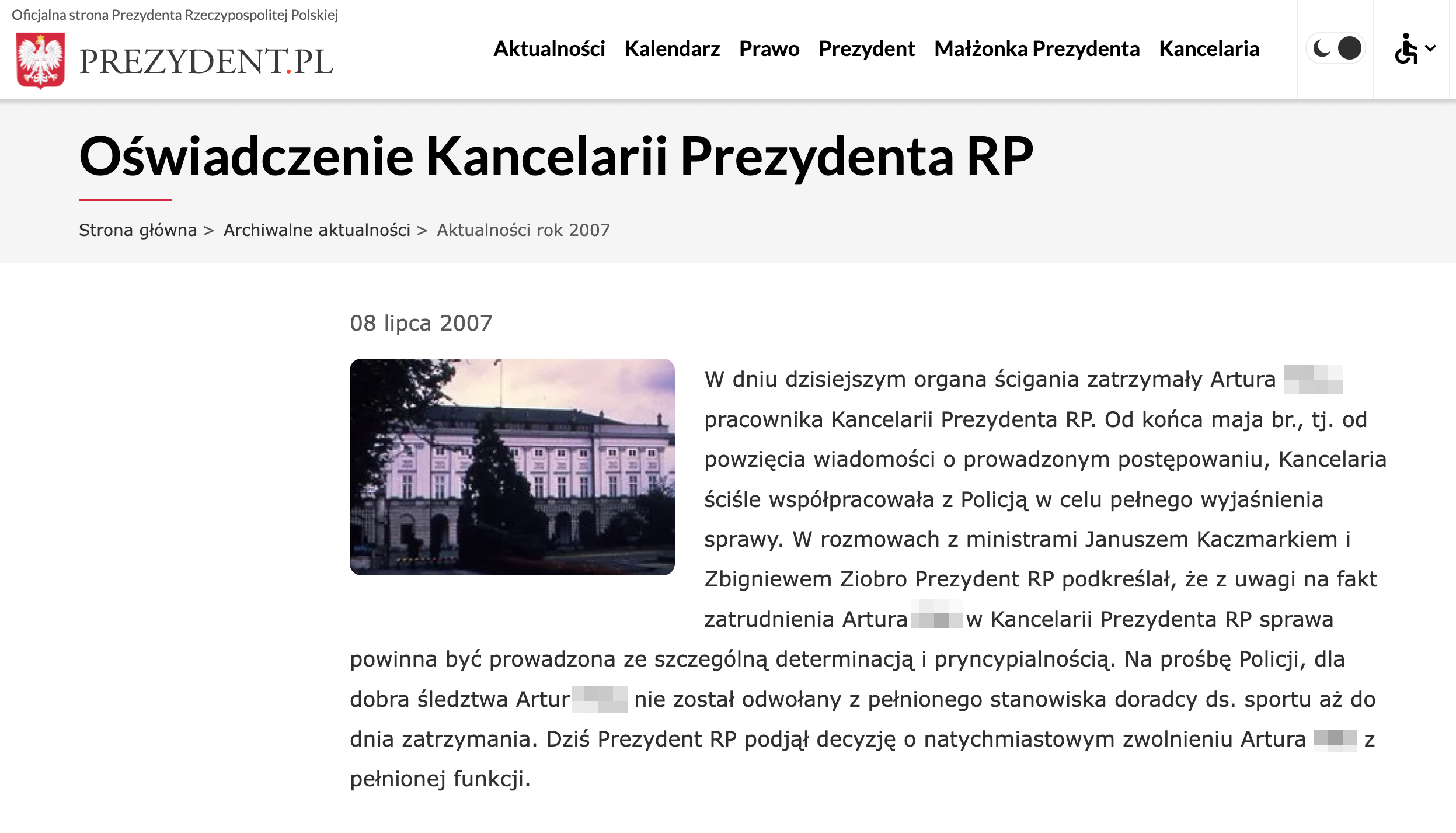 Oświadczenie Kancelarii Prezydenta z 8 lipca 2007 roku