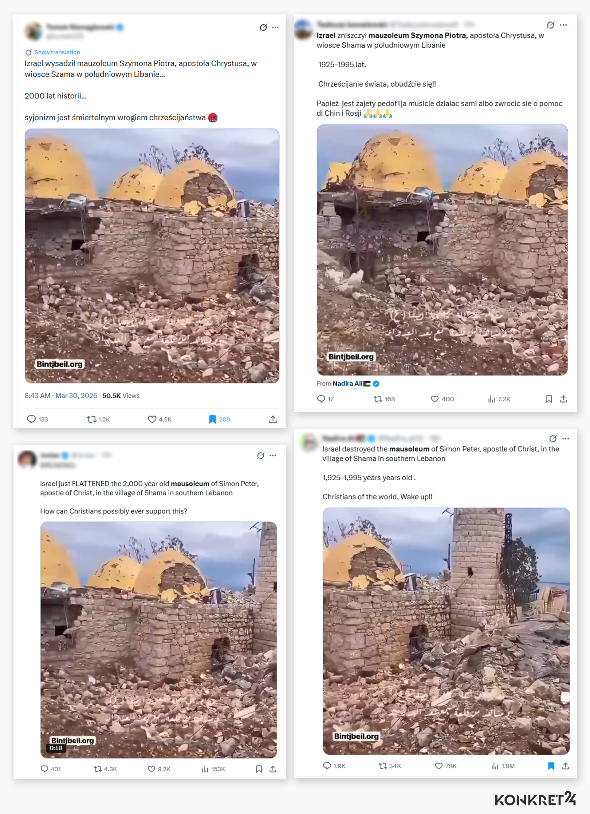 Internauci fałszywie sugerują, że po wydarzeniach z Niedzieli Palmowej Izrael zniszczył jeden z obiektów religijnych w Libanie