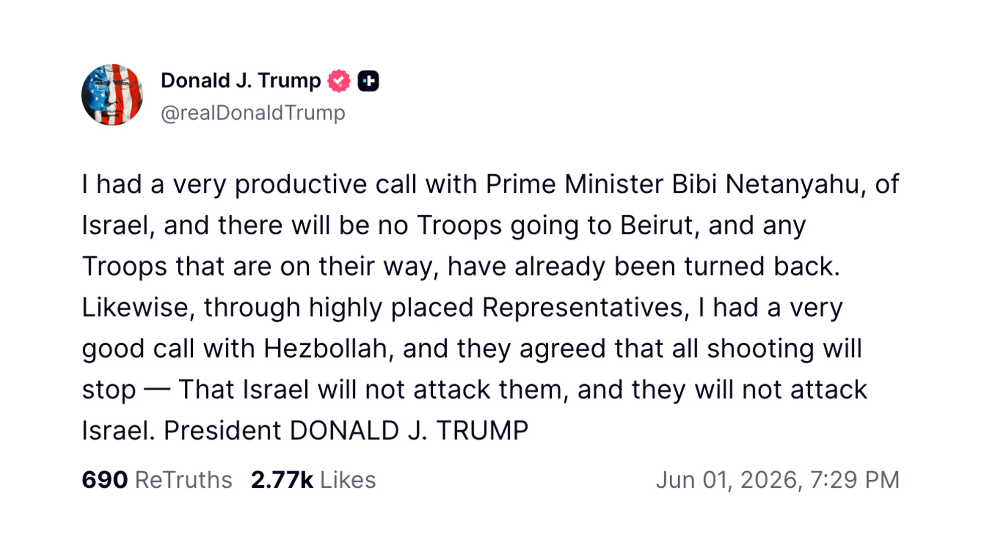 Wpis Donalda Trumpa na platformie Truth Social z 1 czerwca 2026 roku