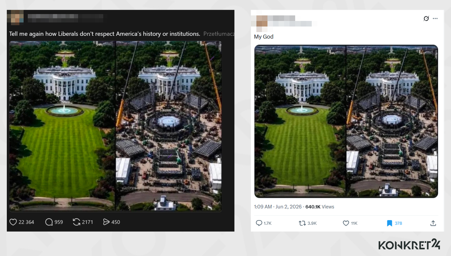 Inne, podobne zestawienie obrazów mających przedstawiać skutki budowy ringu przed Białym Domem, to także fake news