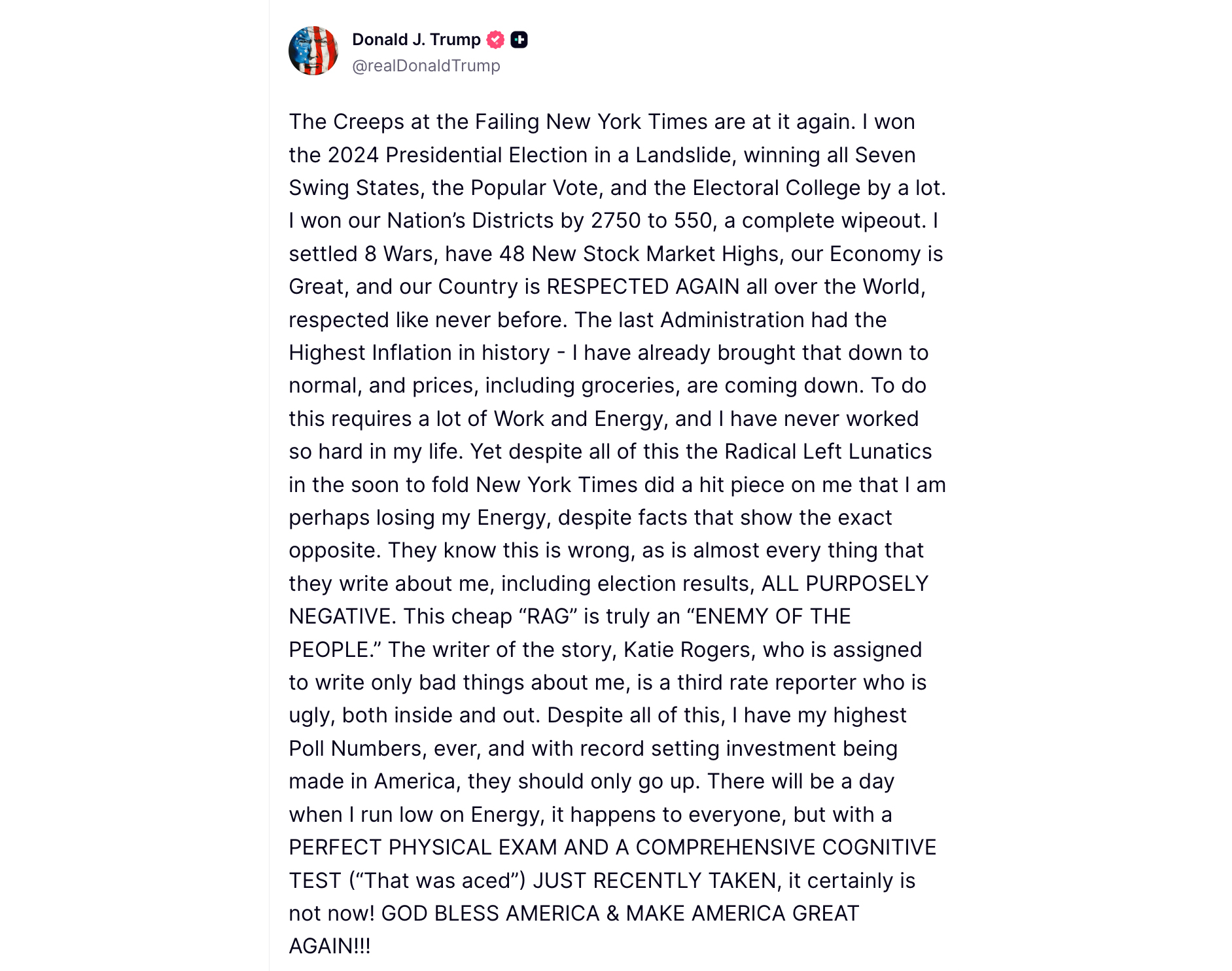 Wpis Donalda Trumpa o analizie "NYT" na temat jego zdrowia