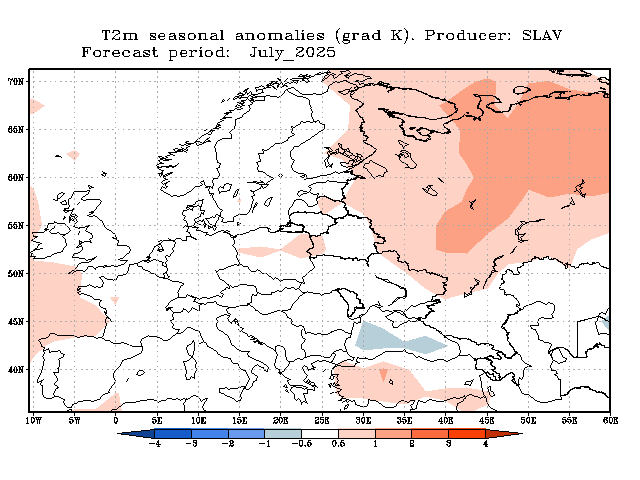 Prognoza odchylenia temperatury w lipcu powyżej normy we wschodniej Europie. Termiczna norma prognozowana w centrum i na zachodzie kontynentu.