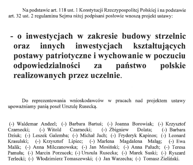 Kto podpisał się pod projektem ustawy ułatwiającej budowę strzelnic