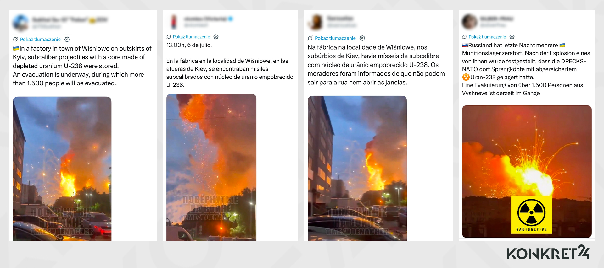 Takie same wpisy z fałszywymi informacjami publikowano w różnych językach, często z polską, błędną nazwą miasta