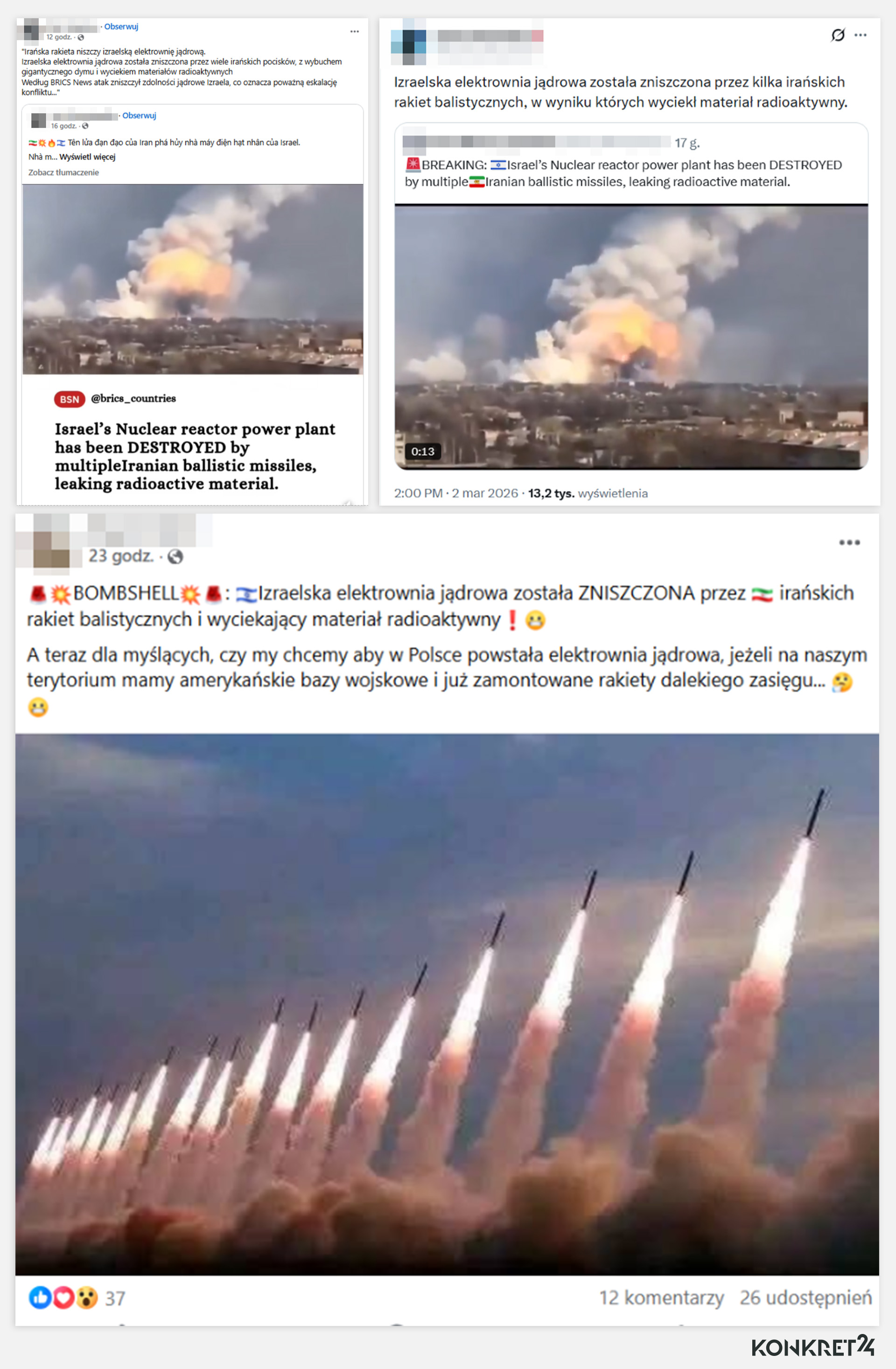 Polscy internauci nie tylko powielali fałszywy przekaz, ale też sugerowali, że irańskie pociski uderzyły w izraelską elektrownię jądrową