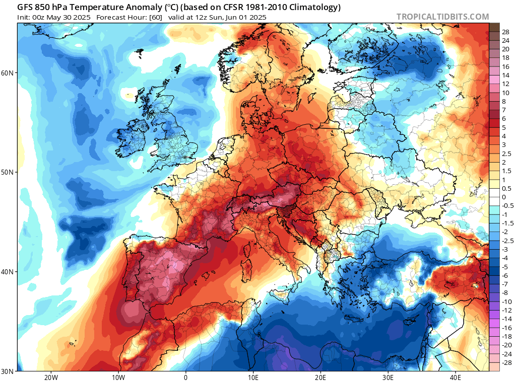 Fala ciepła znad Afryki dotrze do Polski 1 czerwca. Prognozowane odchylenie temperatury powyżej normy na wysokości 1,5 km.