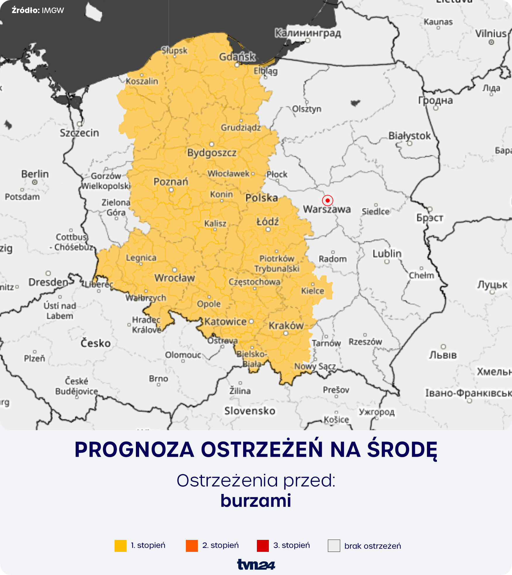 Prognoza zagrożeń meteorologicznych na środę