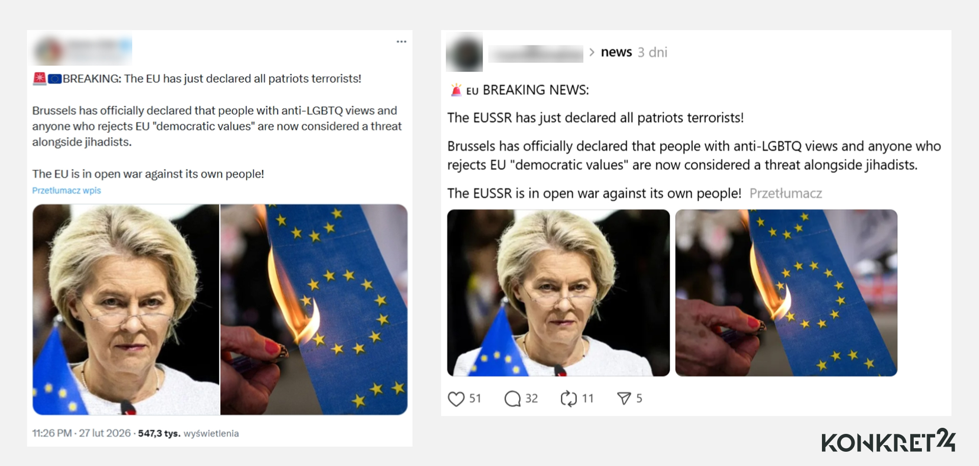 Setki tysięcy wyświetleń miały anglojęzyczne posty o tym, że "UE prowadzi otwartą wojnę przeciwko własnym obywatelom"