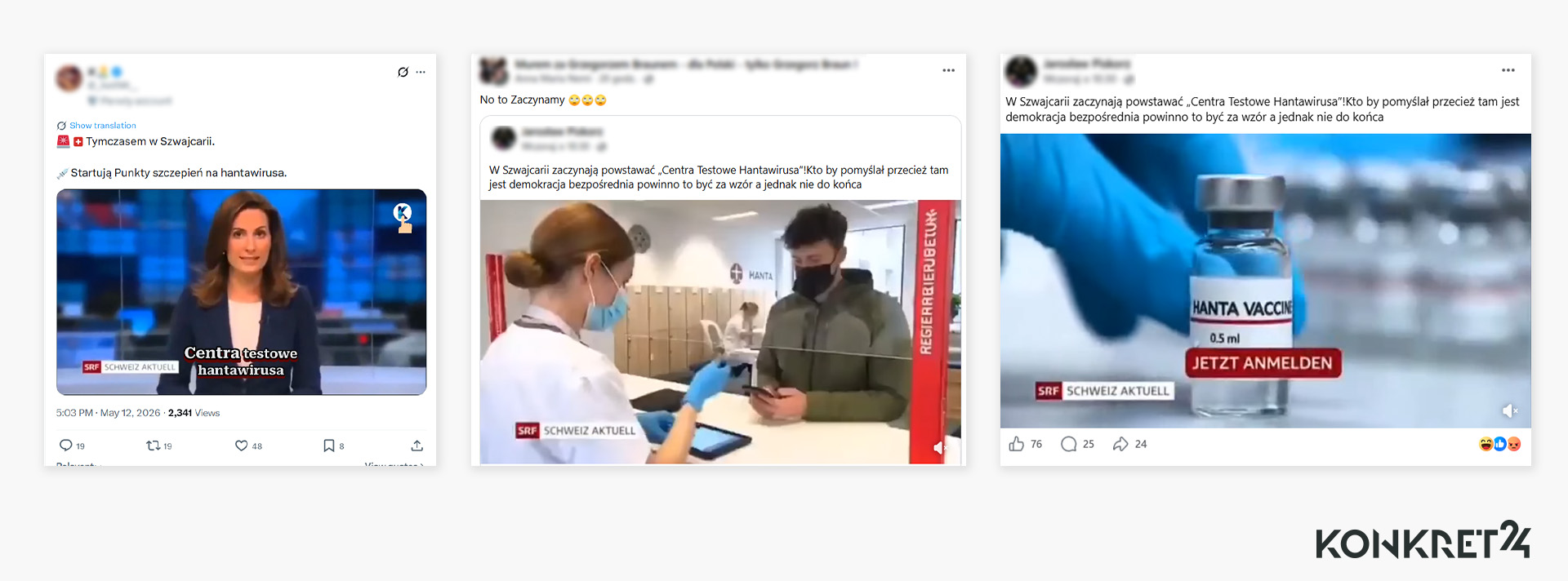 Rzekomy materiał szwajcarskiej telewizji o centrach, w których można się zaszczepić przeciwko hantawirusowi, rozchodzi się też w polskiej sieci  