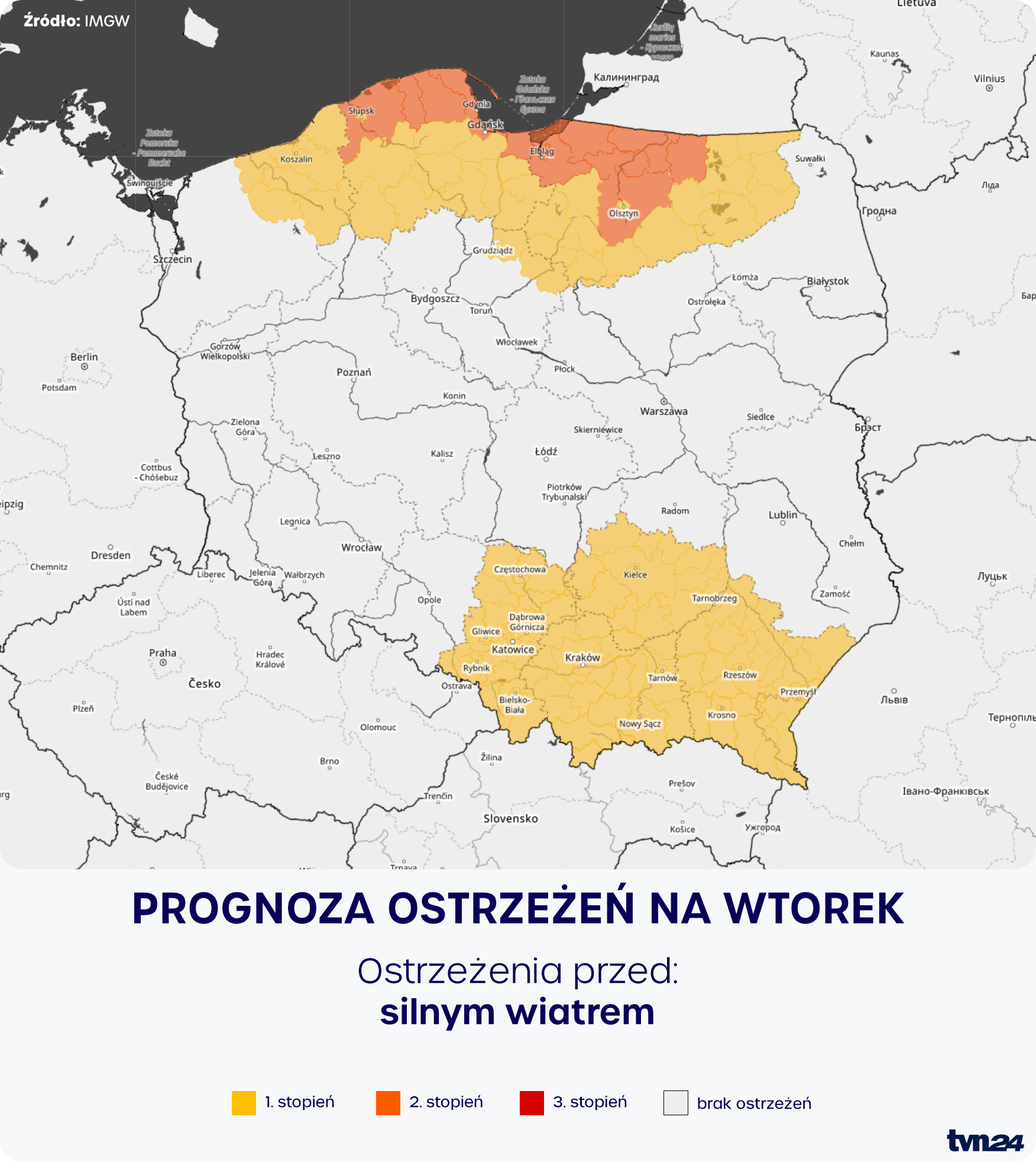 Prognoza zagrożeń IMGW na wtorek