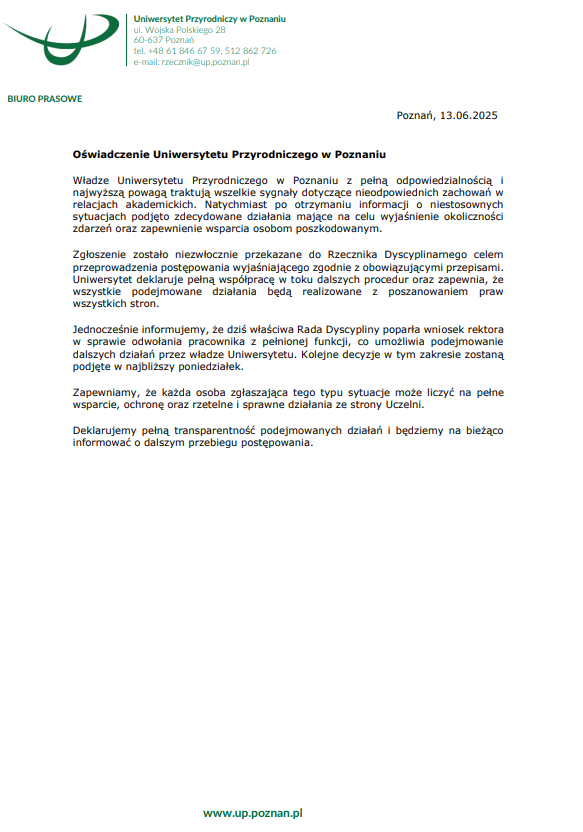 Oświadczenie Uniwersytetu Przyrodniczego w Poznaniu