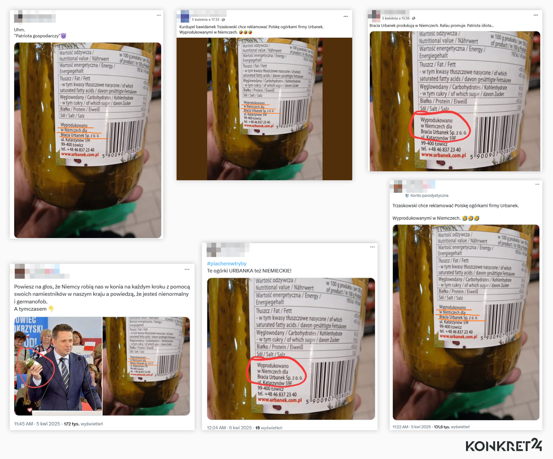 Zdjęcie z etykietą słoika ogórków "wyprodukowanych w Niemczech" rozsyłano w mediach społecznościowych jako dowód, że Trzaskowski nie miał racji. Niesłusznie