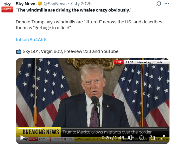 Fałszywa teza Trumpa o tym, jakoby wiatraki były przyczyną wyrzucania wielorybów na brzeg, była szeroko komentowana w mediach i internecie 