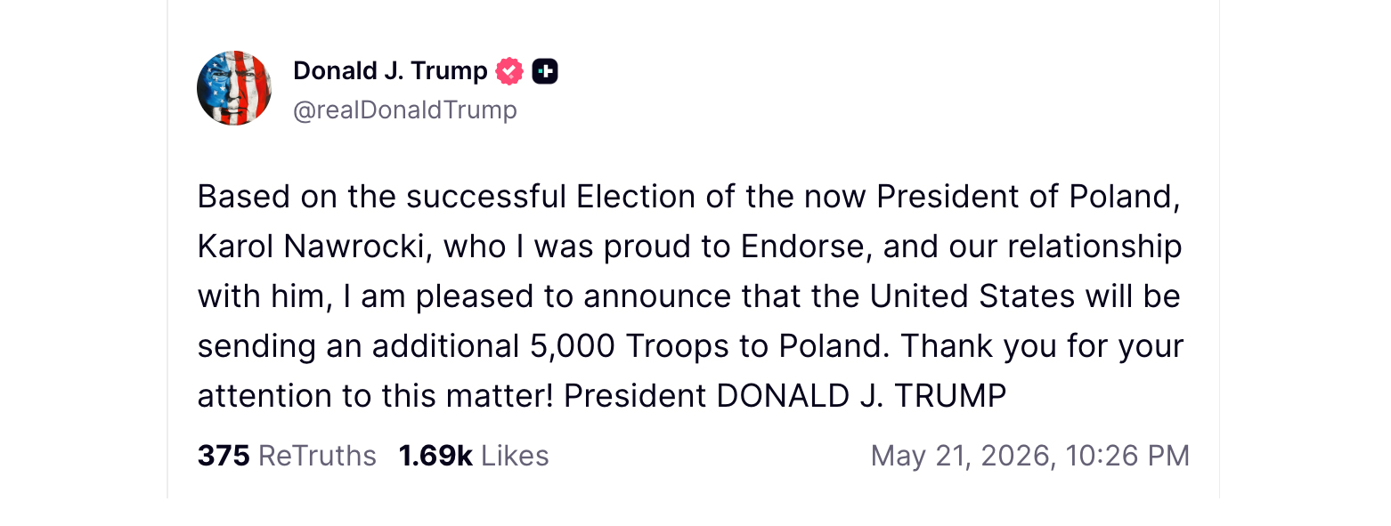 Wpis Donalda Trumpa na platformie Truth Social z 21 maja 2026 roku 