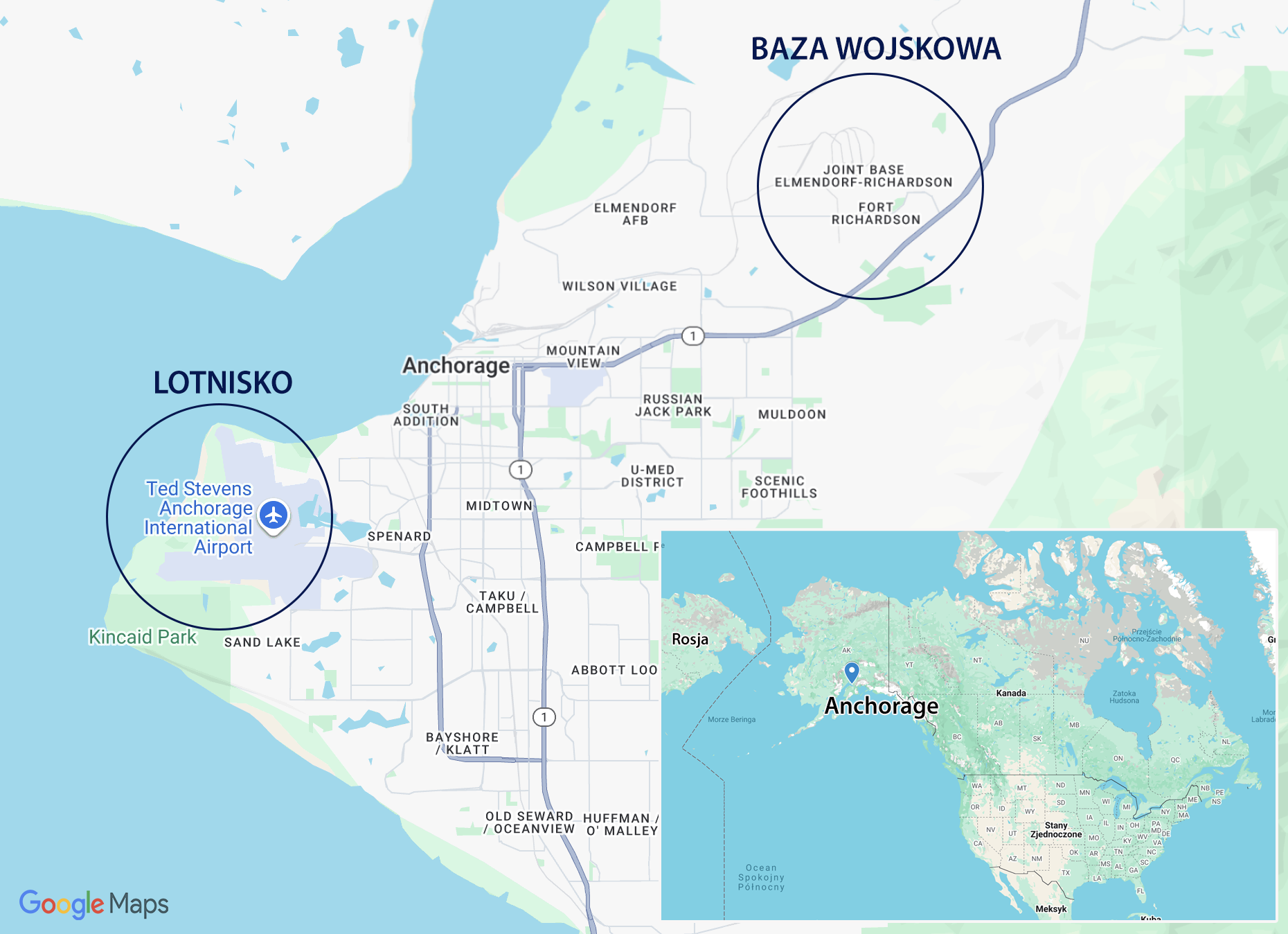 Gdzie leży lotnisko i baza wojskowa względem Anchorage na Alasce?