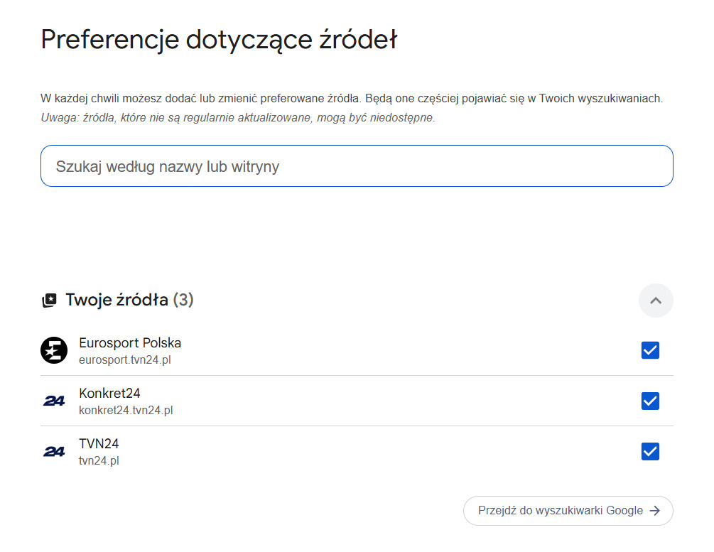 Preferencje dotyczące źródeł w wyszukiwarce