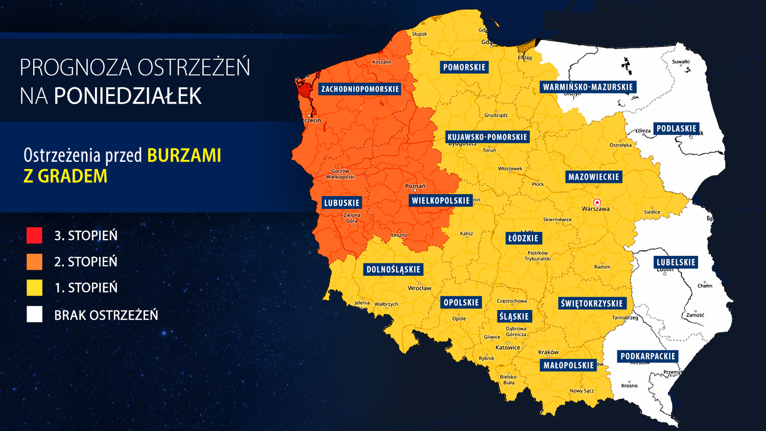 Prognoza zagrożeń IMGW na poniedziałek