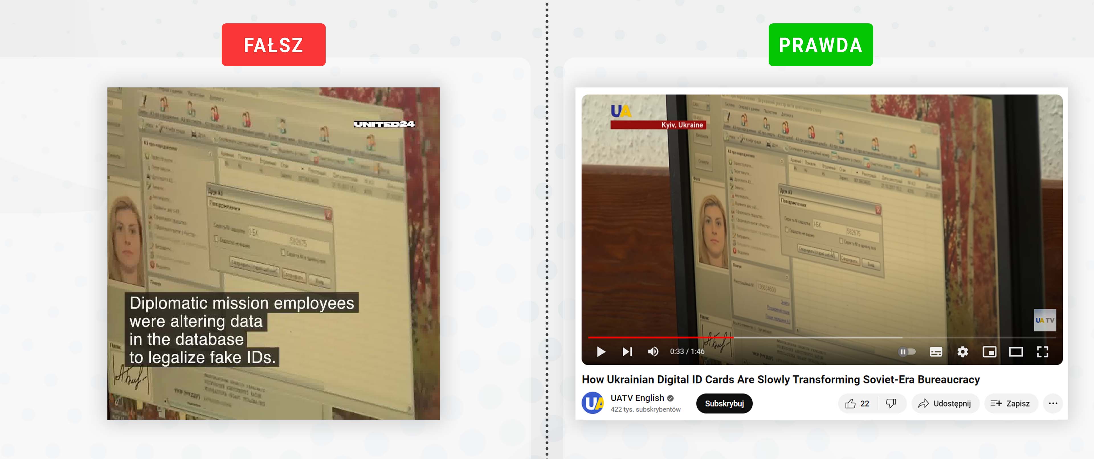 Przykład 2: kadr z ekranem komputera wzięto z materiału stacji UATV English