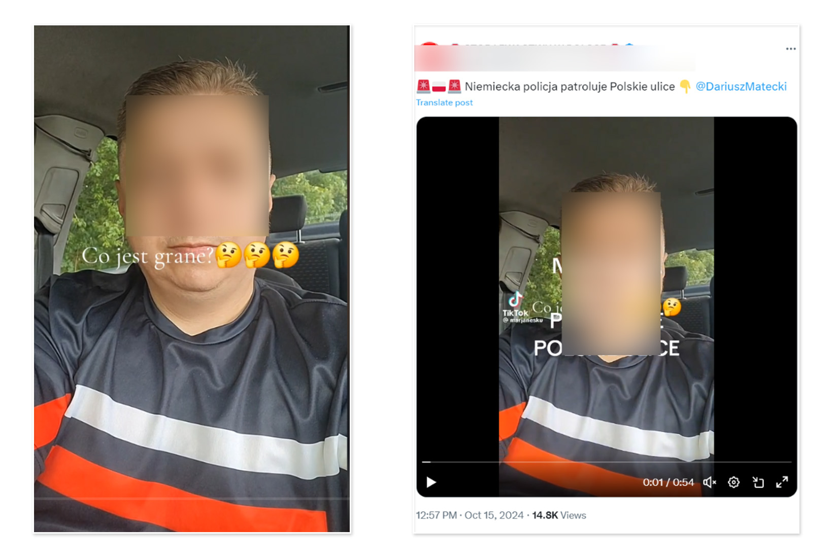 Nagranie z TikToka z sierpnia 2024 roku (po lewej) i wpis z tym samym nagraniem z serwisu X z października 2024 o polsko-niemieckich patrolach w Szczecinie.