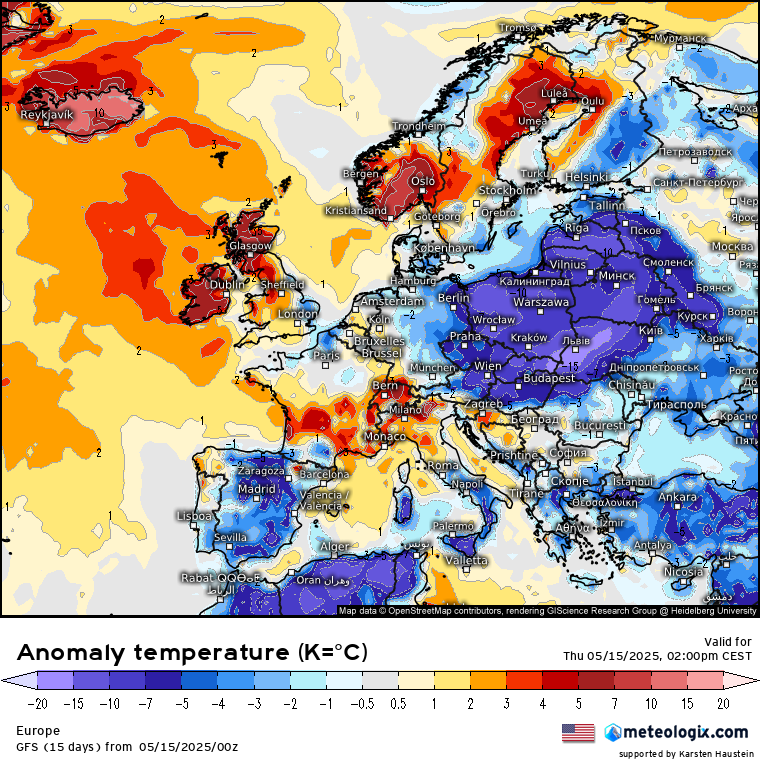 Ciepła Islandia i zimna Polska 15 maja, anomalia dodatnia temperatury na Islandii i ujemna w Polsce