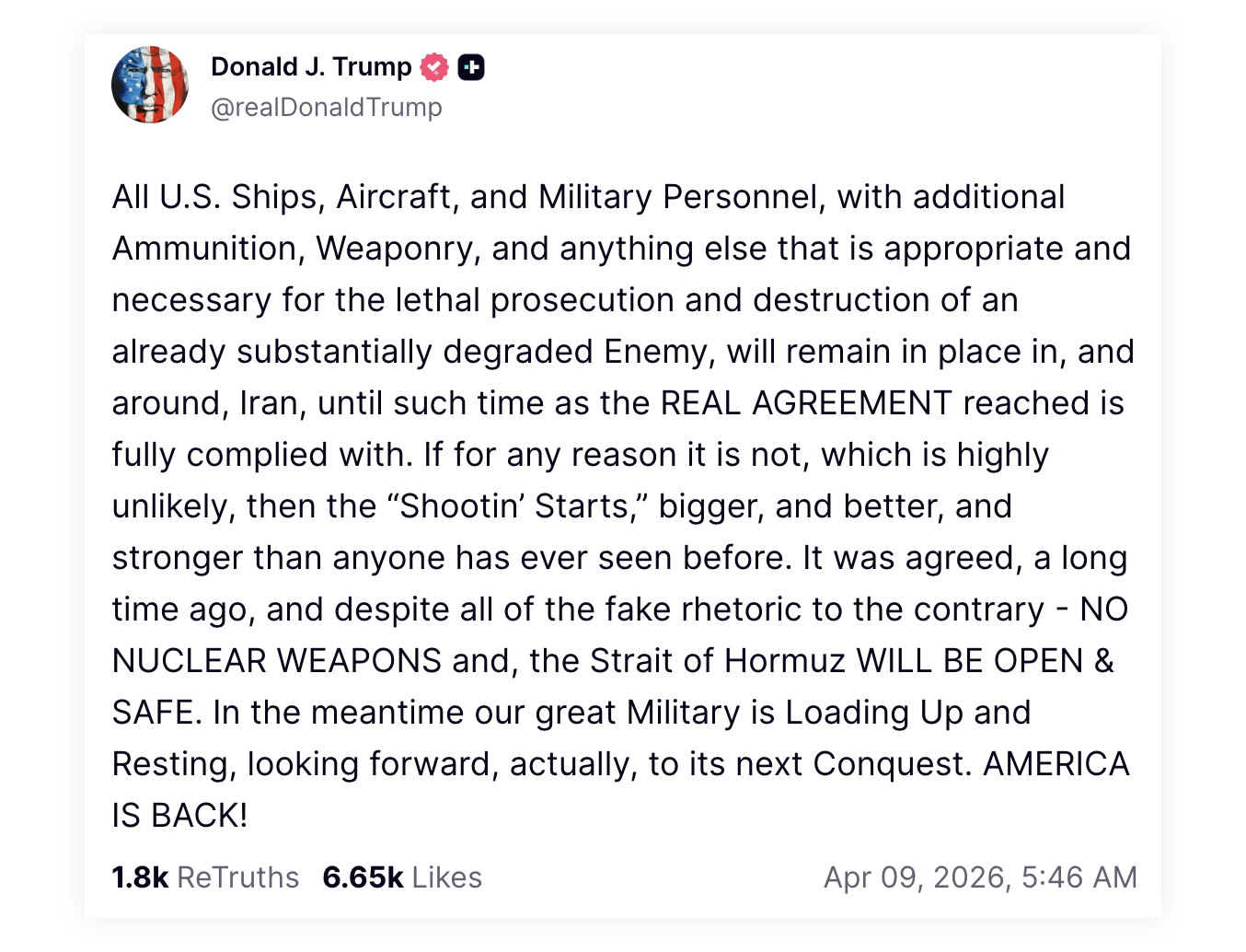 Wpis Donalda Trumpa na platformie Truth Social