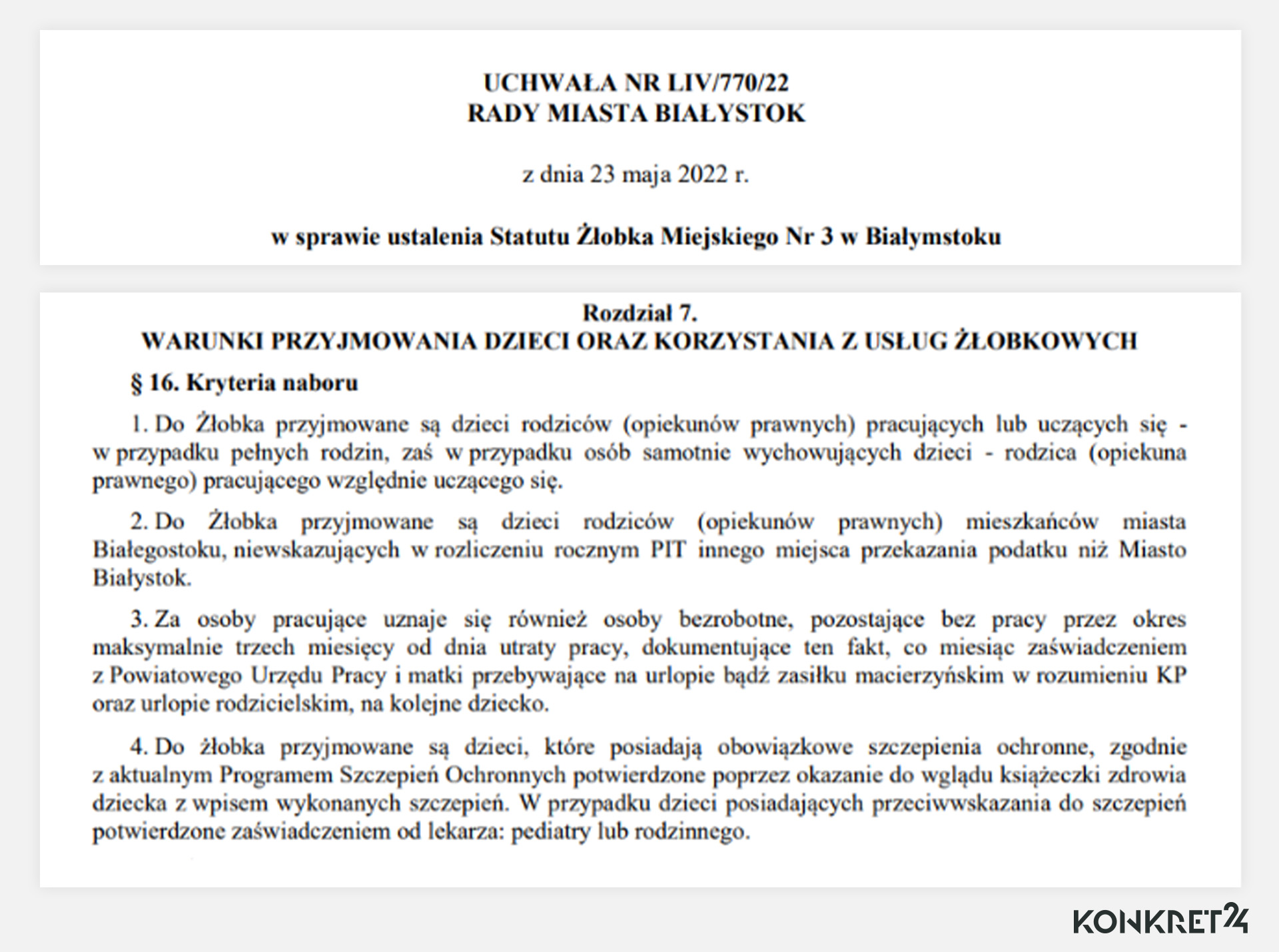 Przykładowa uchwała Rady Miasta Białystok z 2022 roku dotycząca statutu miejskiego żłobka, w której już widnieją szczepienia jako jedno z kryterium przyjęć  