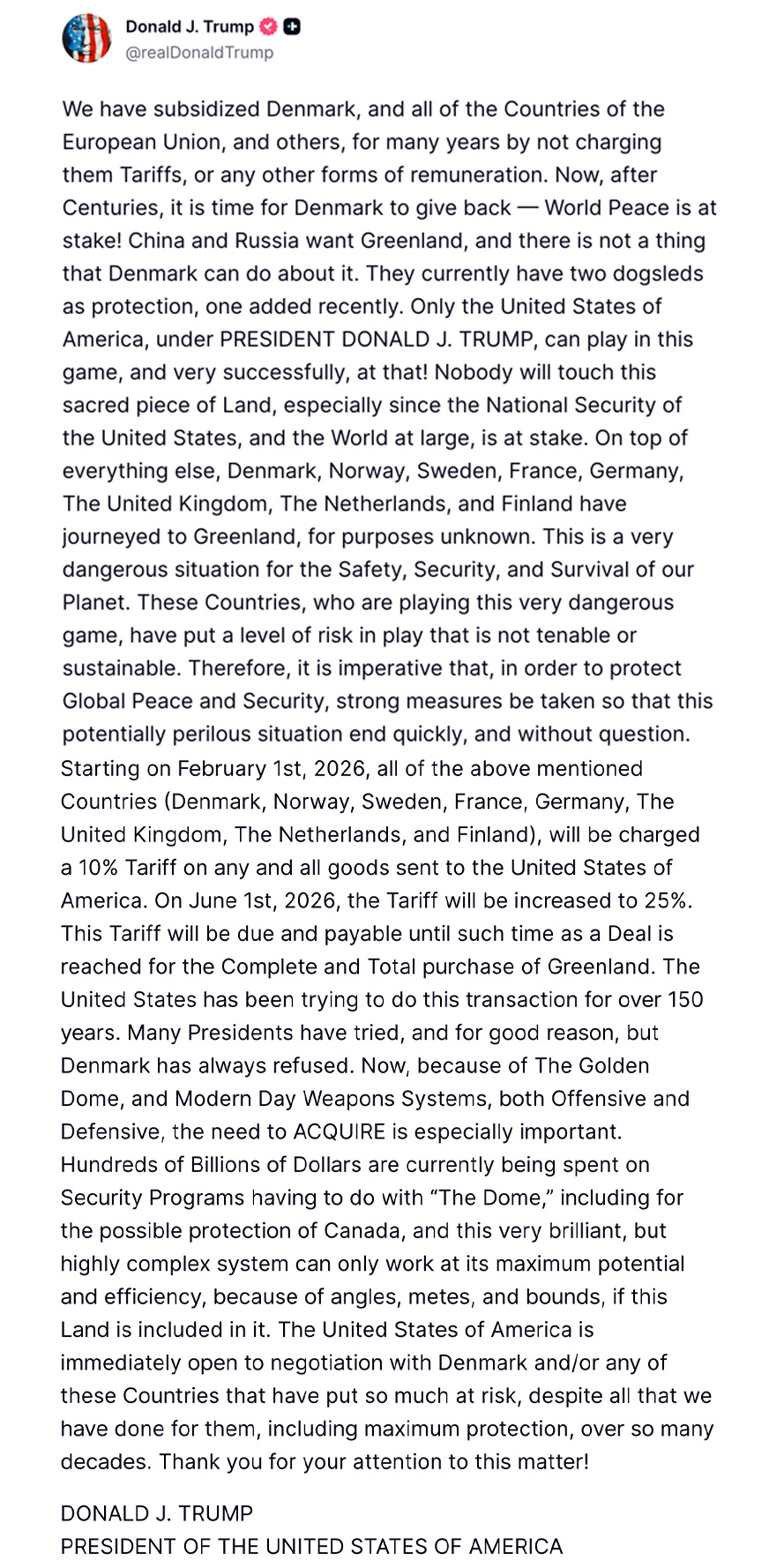 Wpis Donalda Trumpa, w którym zapowiada nałożenie ceł szereg europejskich państw, do czasu uzyskania zgody na zakup Grenlandii (17.01.2026 r.)