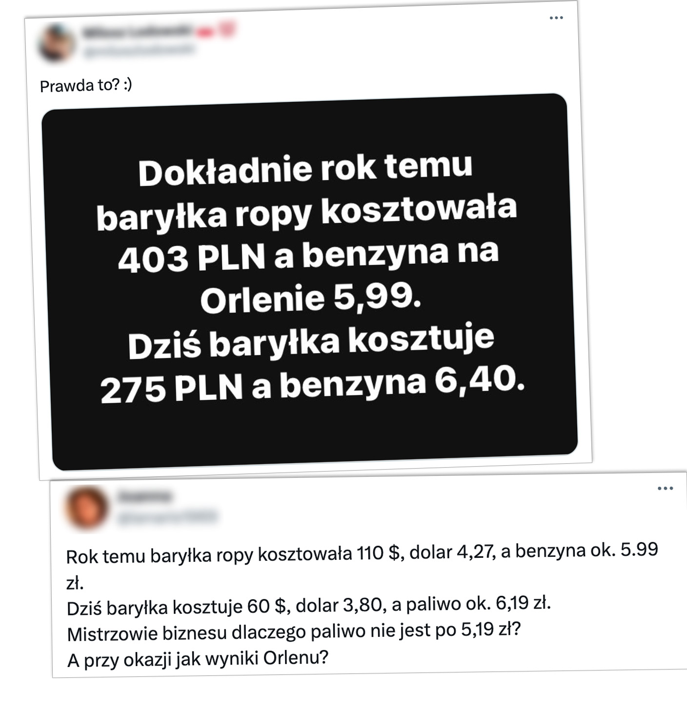 Wpisy o cenach paliw opublikowane 22 i 24 września 2024 w serwisie X