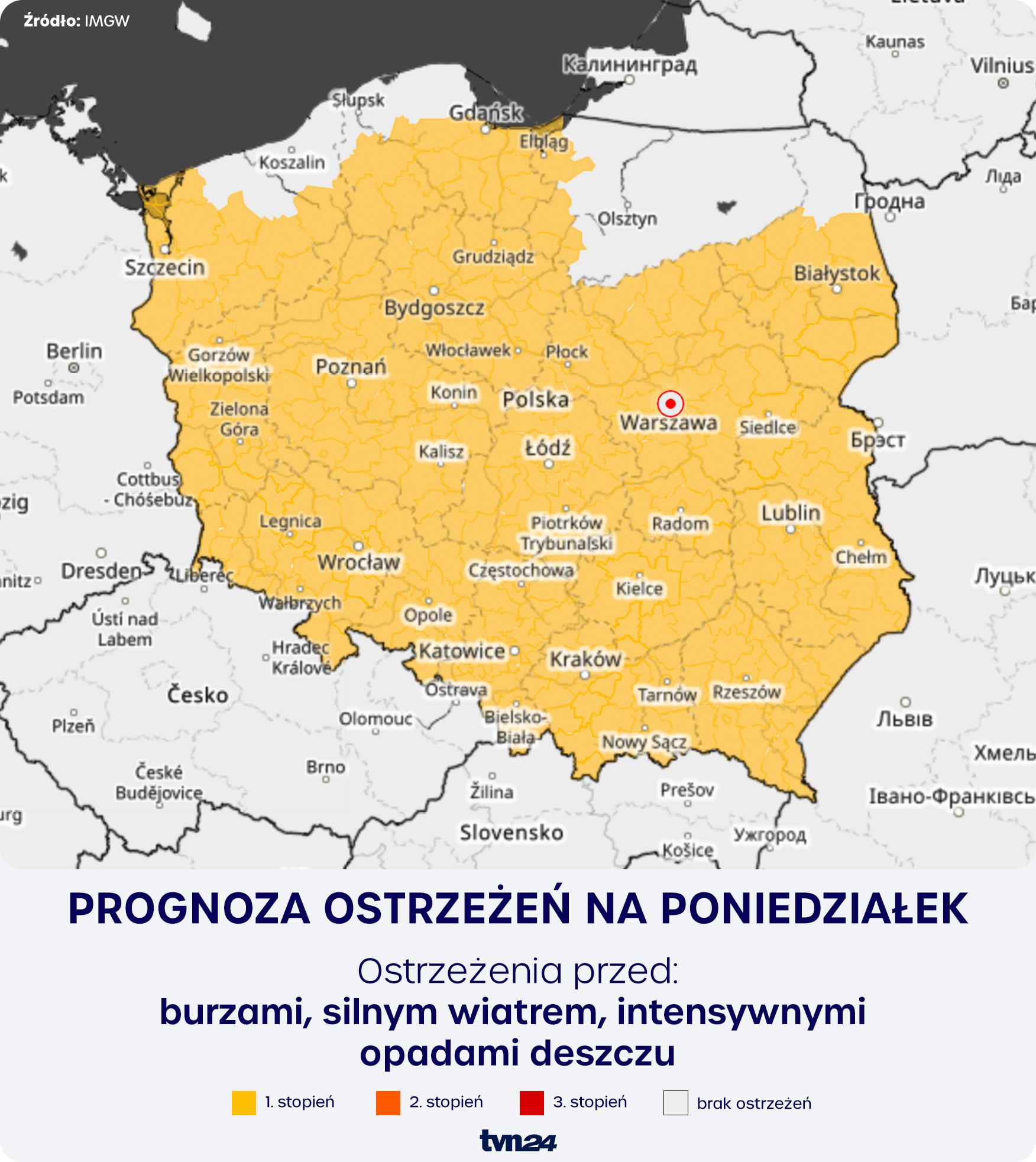 Prognoza zagrożeń IMGW na poniedziałek