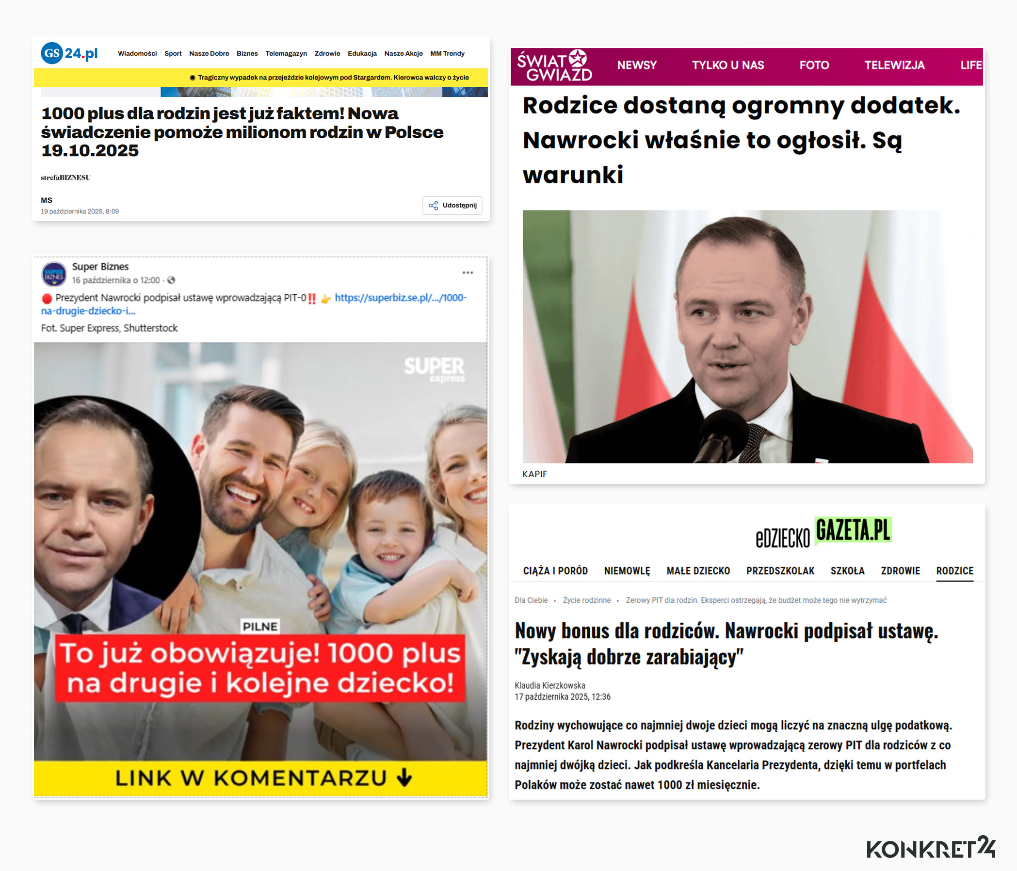 Media zwiększały zasięg fake newsa, informując błędnie, że: "Nawrocki podpisał ustawę", "1000 plus jest faktem", "to już obowiązuje"  