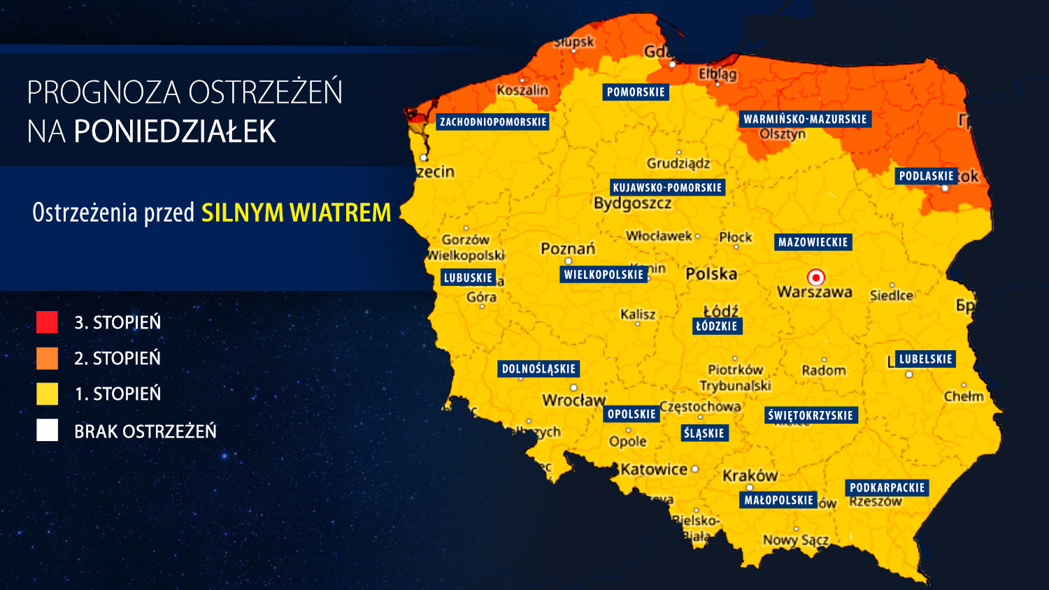 Prognoza zagrożeń IMGW na poniedziałek 