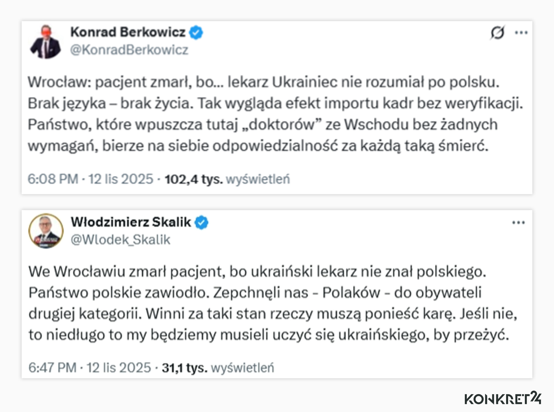 Wpisy Konrada Berkowicza i Włodzimierza Skalika opublikowane 12 listopada 2025 roku w serwisie X