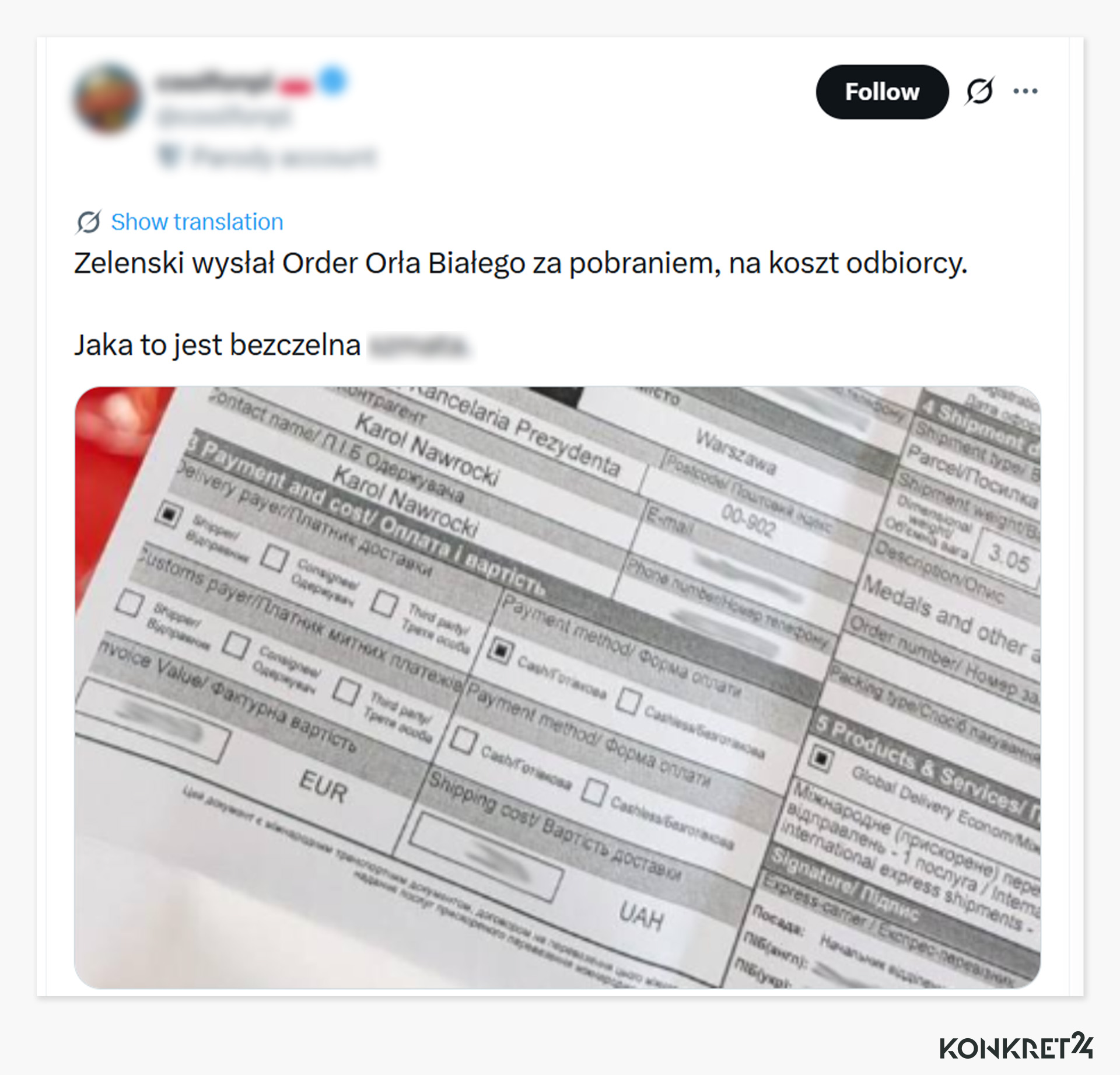 Post o tym, że Zełenski odesłał order za pobraniem wyświetlono niemal 250 tys. razy