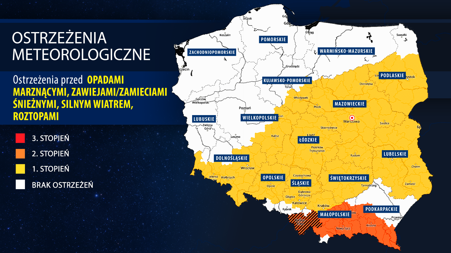 Ostrzeżenia IMGW przed opadami marznącymi, zawiejami i zamieciami śnieżnymi, silnym wiatrem i roztopami