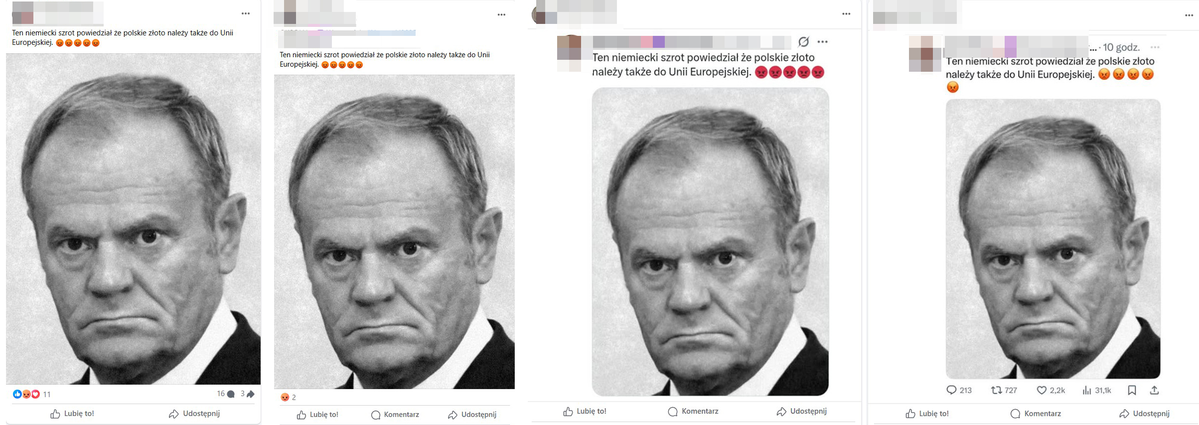 Internauci na Facebooku donosili jakoby Tusk miał mówić o prawach UE do polskiego złota