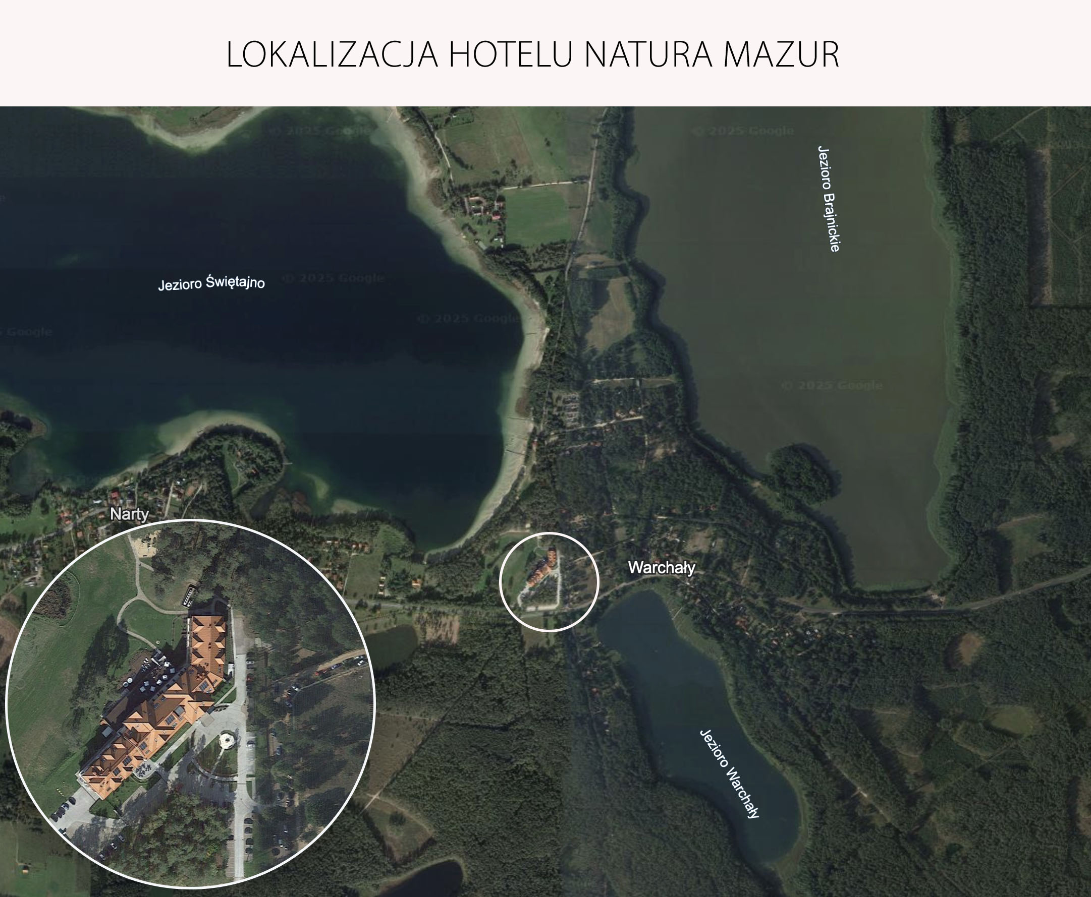 Lokalizacja hotelu Natura Mazur we wsi Warchały nad jeziorem Świętajno Narckie