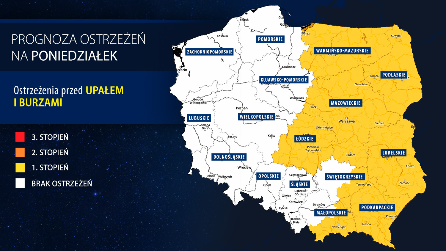 Prognoza zagrożeń IMGW na poniedziałek