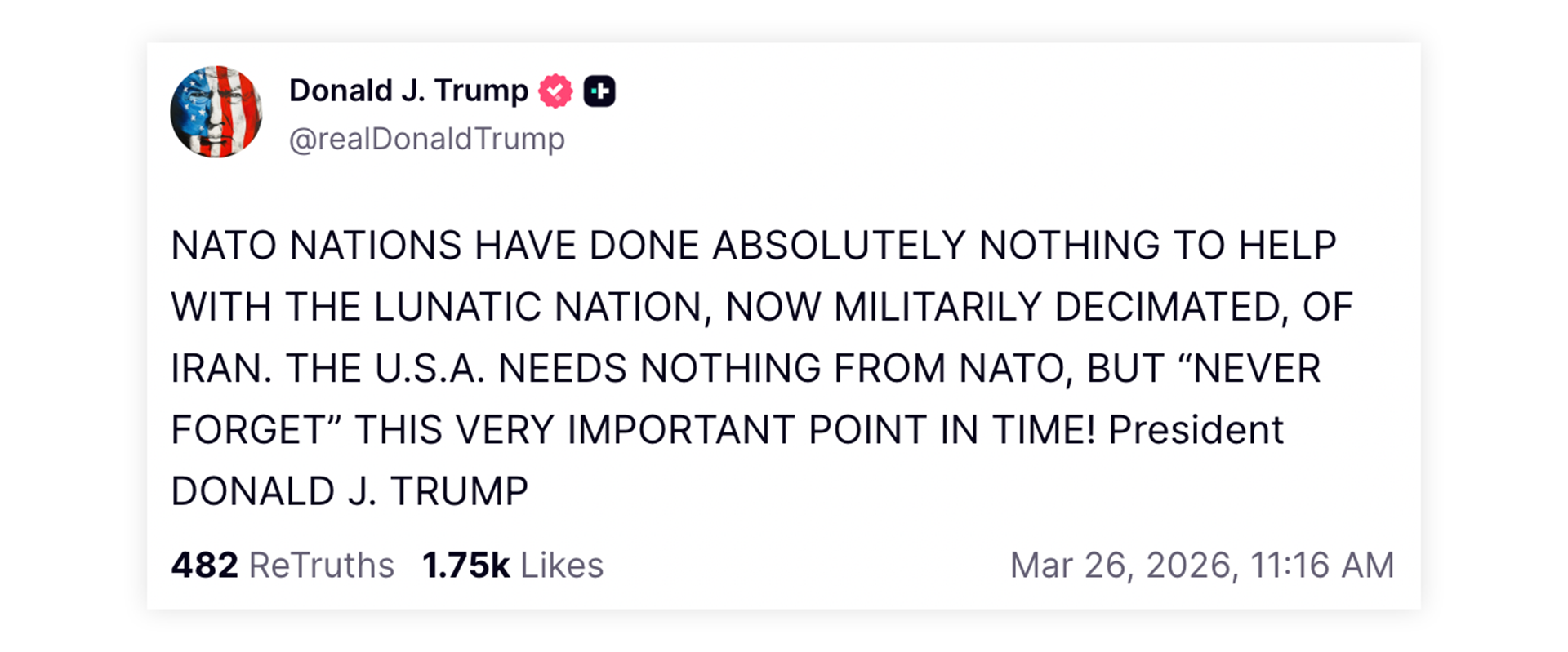 Wpis Donalda Trumpa na Truth Social (26.03.)