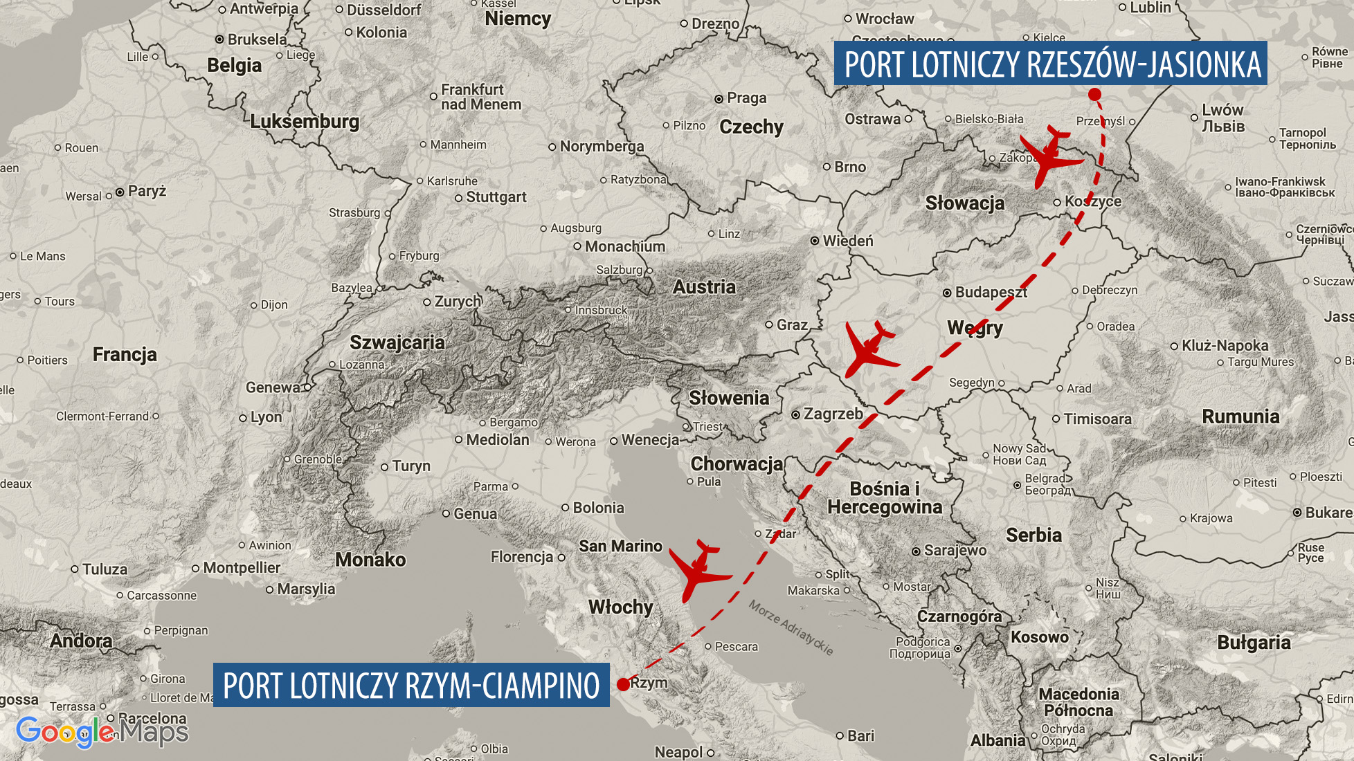 Trasa ukraińskiego prezydenckiego samolotu na podstawie danych ze strony AirNav
