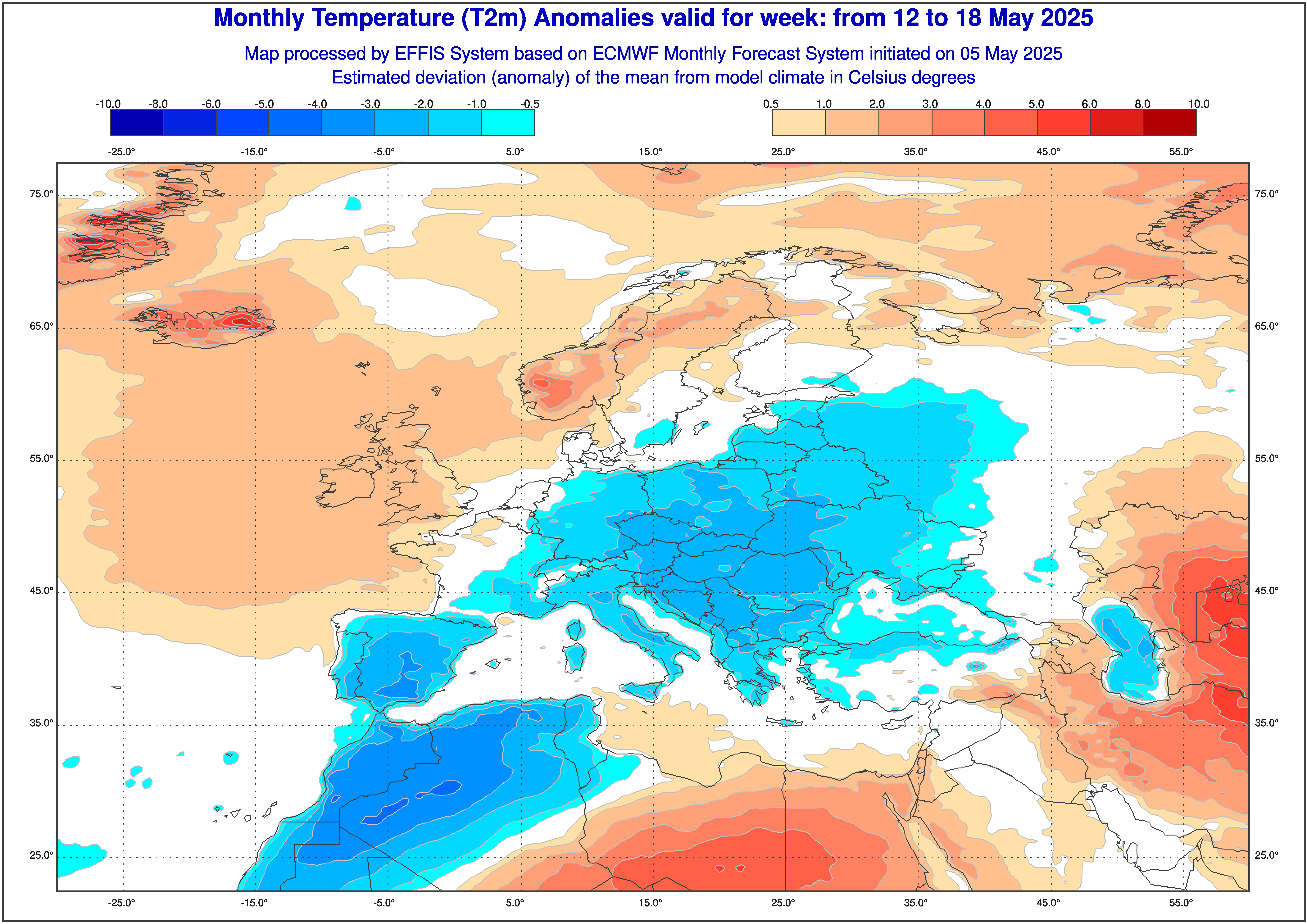 Prognoza odchylenia na minus średniej temperatury w dniach 12-18 maja
