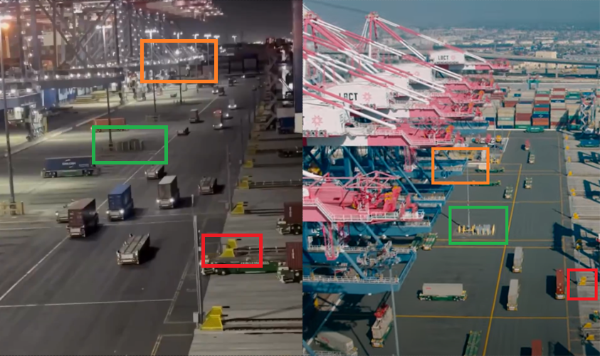 Z lewej kadr z krążącego nagrania, z prawej - kadr z filmu o terminalu w Long Beach. Choć pierwszy film powstał wieczorem, a drugi za dnia, można zobaczyć takie same elementy budowy 
