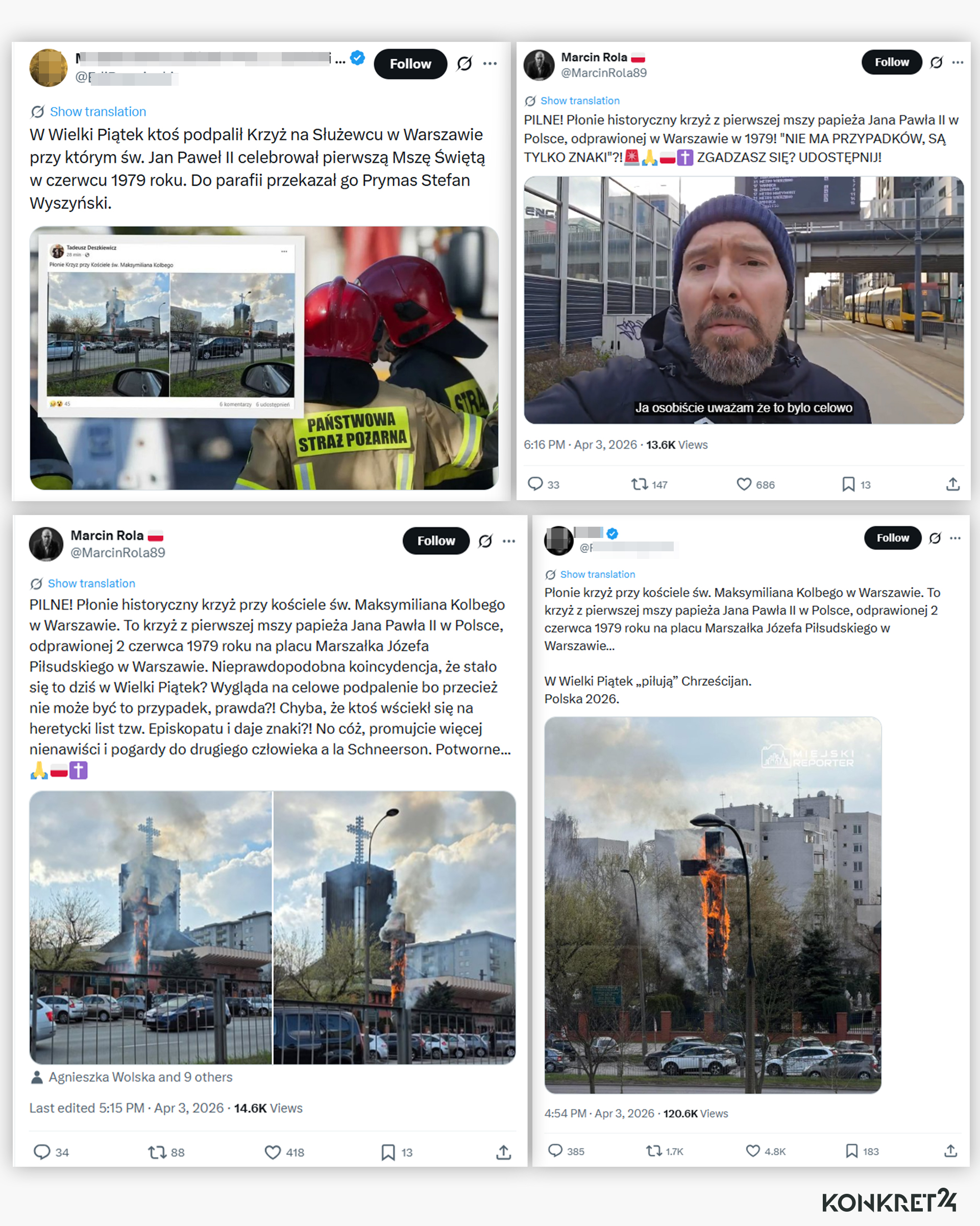 Wpisy z frazami "ktoś podpalił krzyż", "to było celowe", "piłują Chrześcijan" publikowano w sieci niedługo po informacji o zdarzeniu