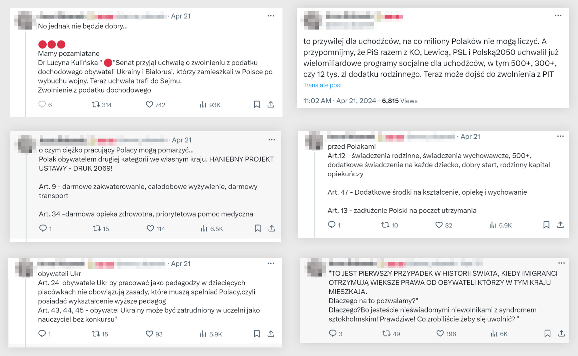 Seria wpisów użytkowniczki z 21 kwietnia o rzekomym uprzywilejowaniu podatkowym Ukraińców i Białorusinów.