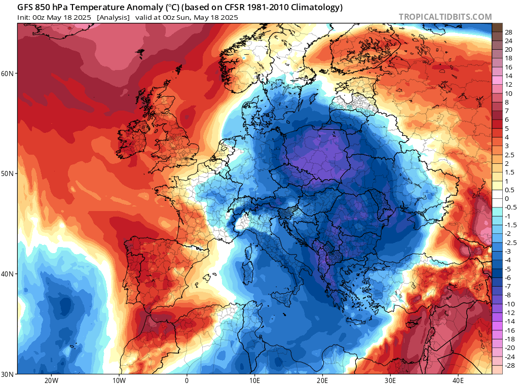 Kropla zimna nad Polską w niedzielę 18 maja, silne odchylenie na minus temperatury na wysokości 1,5 km wg modelu GFA 